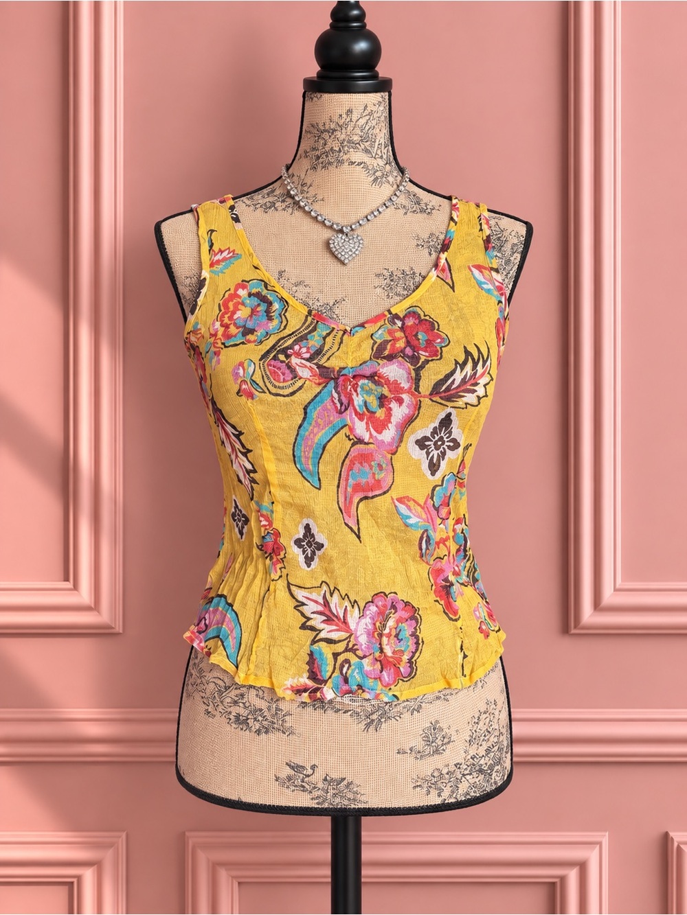 Yellow Silk Floral Paisley Sleeveless Tank Top Size S